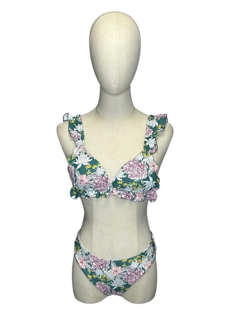 Zaful Green Pink Floral Ruffle Bikini Small
